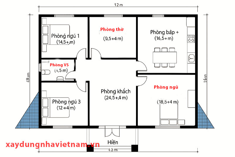 Bản vẽ nhà cấp 4 mái thái 3 phòng ngủ​