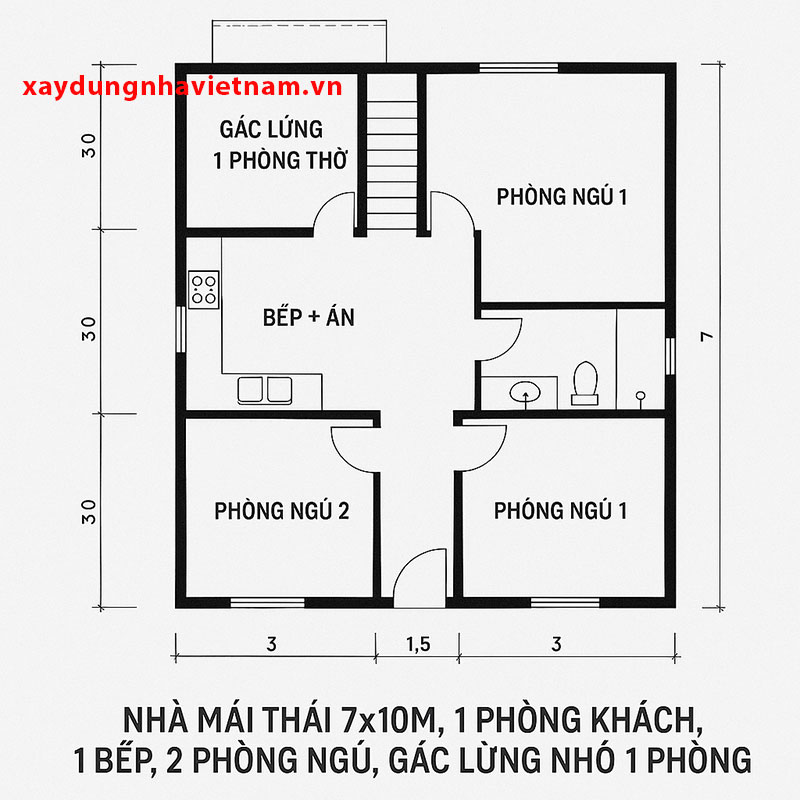 Bản vẽ nhà cấp 4 mái Thái​ gác lửng