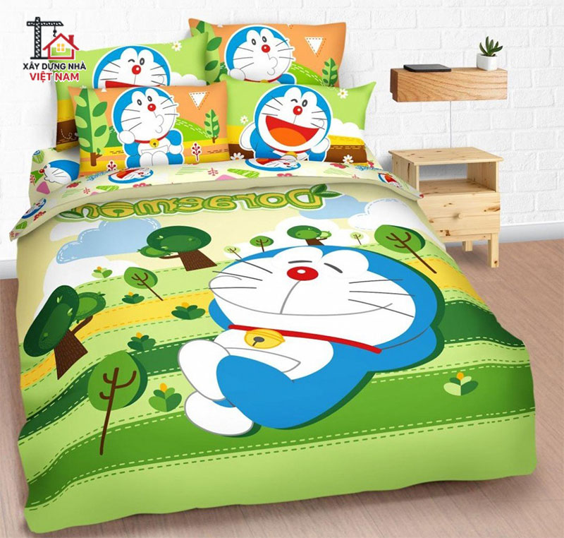 Gường ngủ Doremon màu xanh lá câu và màu nõn chuối