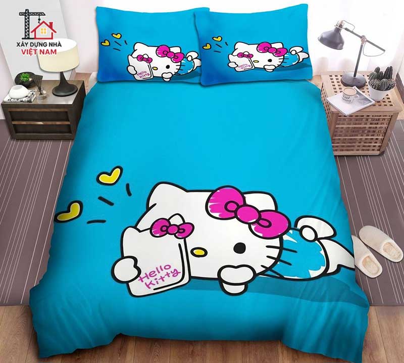 Gường ngủ với ga gối màu xanh dương