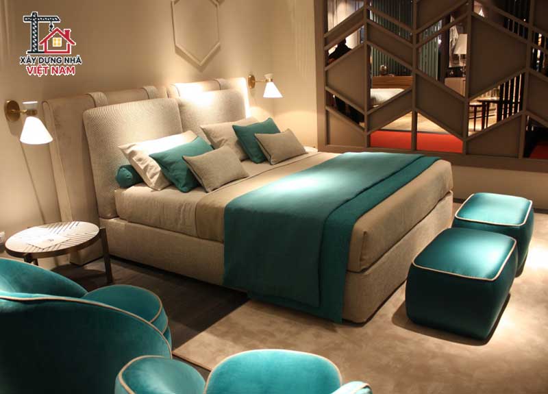Một decor phòng ngủ với màu xanh ngọc bích làm điểm nhấn
