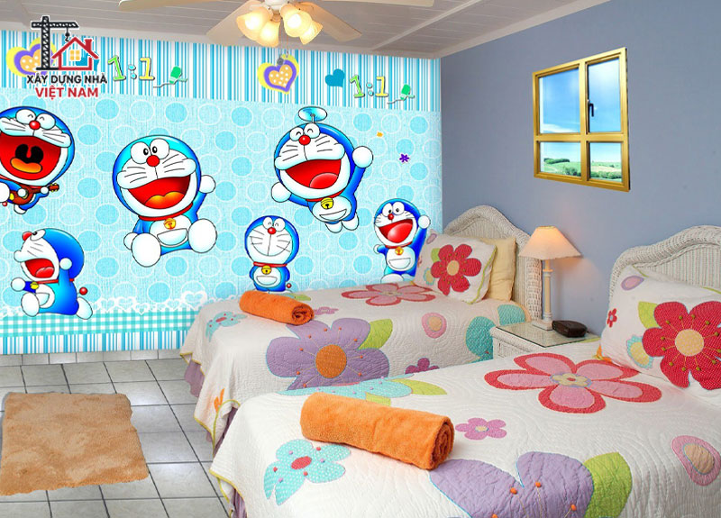 Phòng ngủ Doraemon giường dôi song song cho 2 bé gái