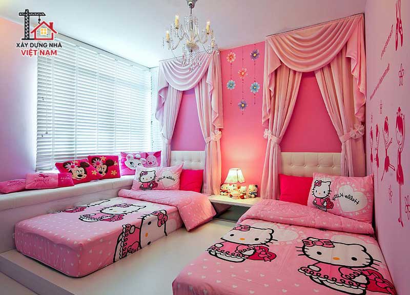 Phòng ngủ Hello Kitty có màu hồng chủ đạo