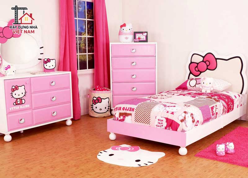 Phòng ngủ Hello Kitty có tông màu trắng hồng 