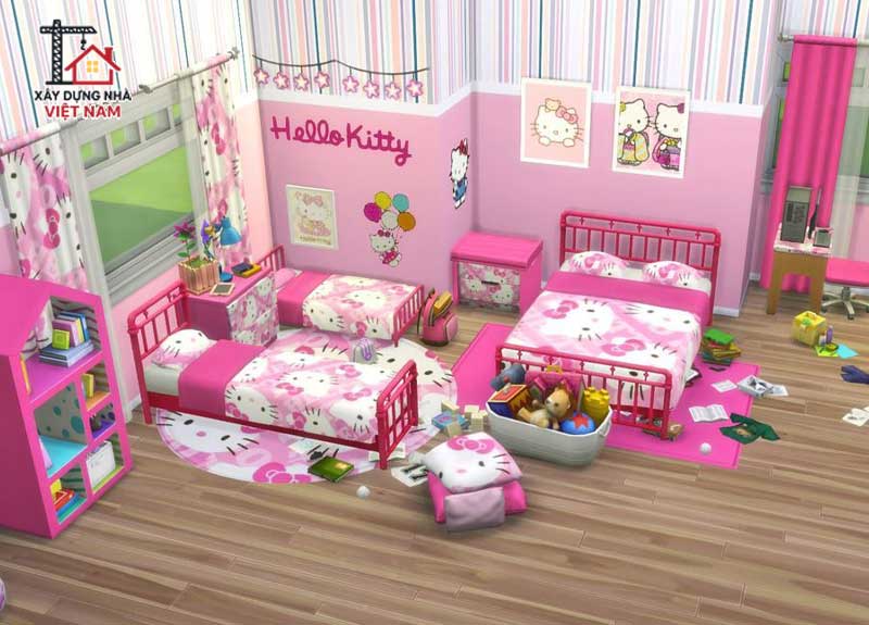 Phòng ngủ hello kitty cho nhiều bé