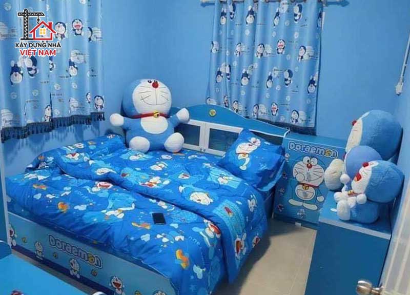 Tông màu chủ đạo của phòng ngủ Doraemon là màu xanh dương và màu trắng