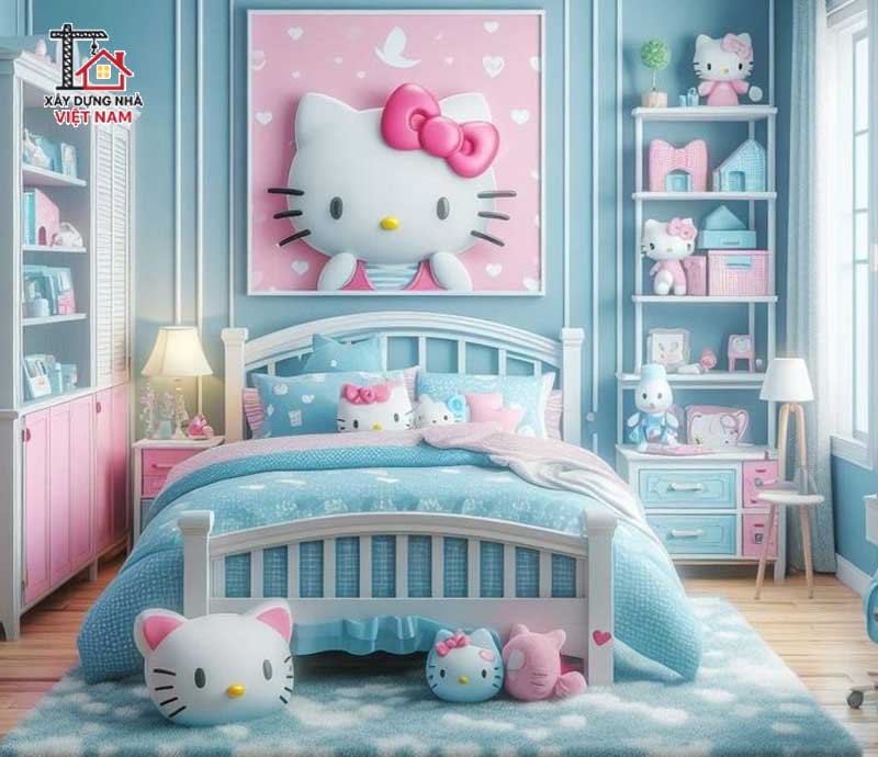 Phòng ngủ Hello Kitty tông xanh dương – hồng pastel,