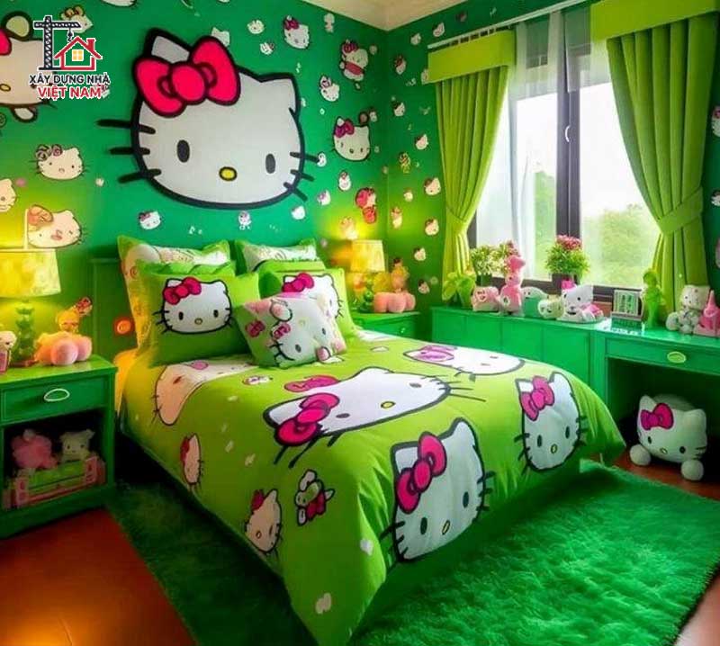 phòng ngủ Hello Kitty tông xanh lá
