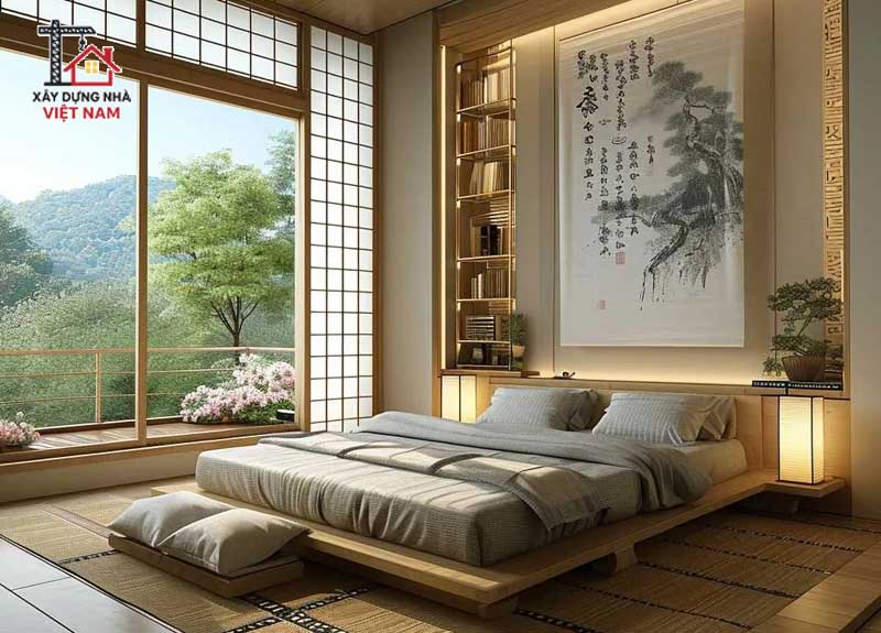 Phòng ngủ master phong cách Nhật Bản – Tối giản, tinh tế 5 Tranh treo tường phòng ngủ phong cách Nhật Bản thường là tranh thuỷ mặc